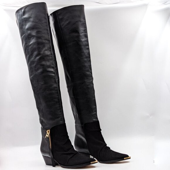 Schutz Women Tenia Western Cowboy Pinty Toe Black Leather OTK Boots size 5 - Picture 1 of 11